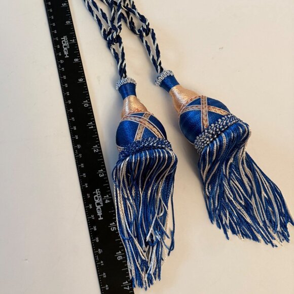Elegant Blue Gold Curtain Tieback Craft Decor VTG Tassel Cord Set of 2 Regal DIY - Picture 7 of 12